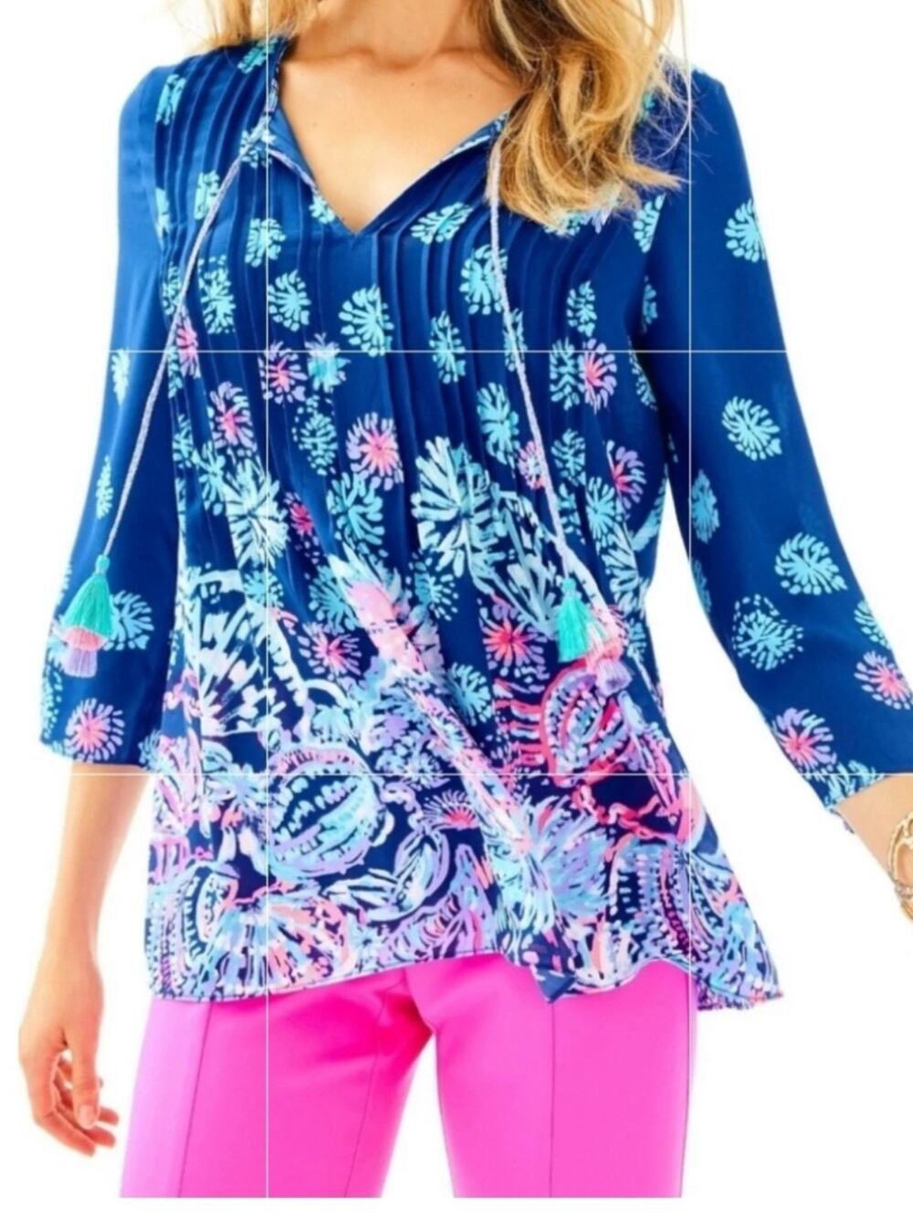 Lilly Pulitzer Blue and Pink Floral Marilina Tassled Tunic Top
